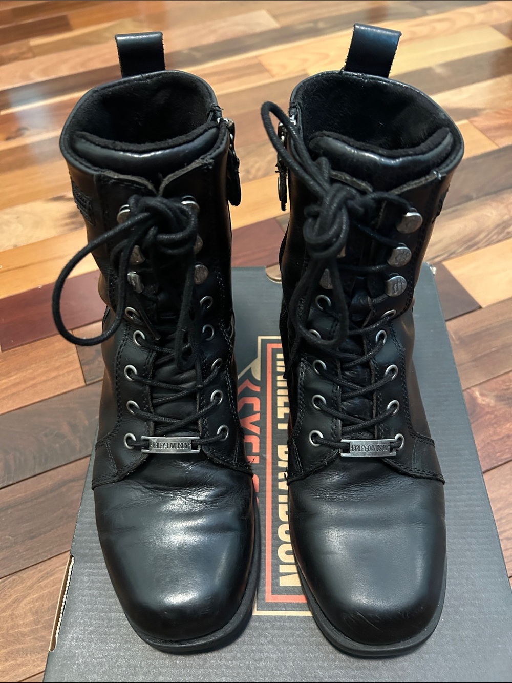 Harley-Davidson Women’s Black Leather Lace-Up Side-Zip Moto Boots - Picture 2 of 9